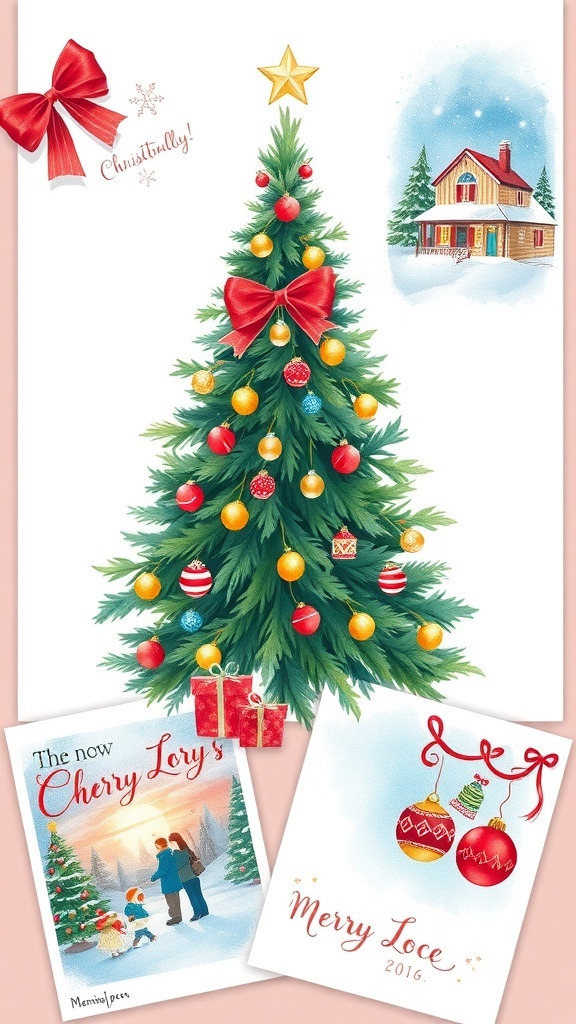 Aesthetic Christmas drawings showcasing festive elements like a decorated tree, snowflakes, and holiday ornaments.